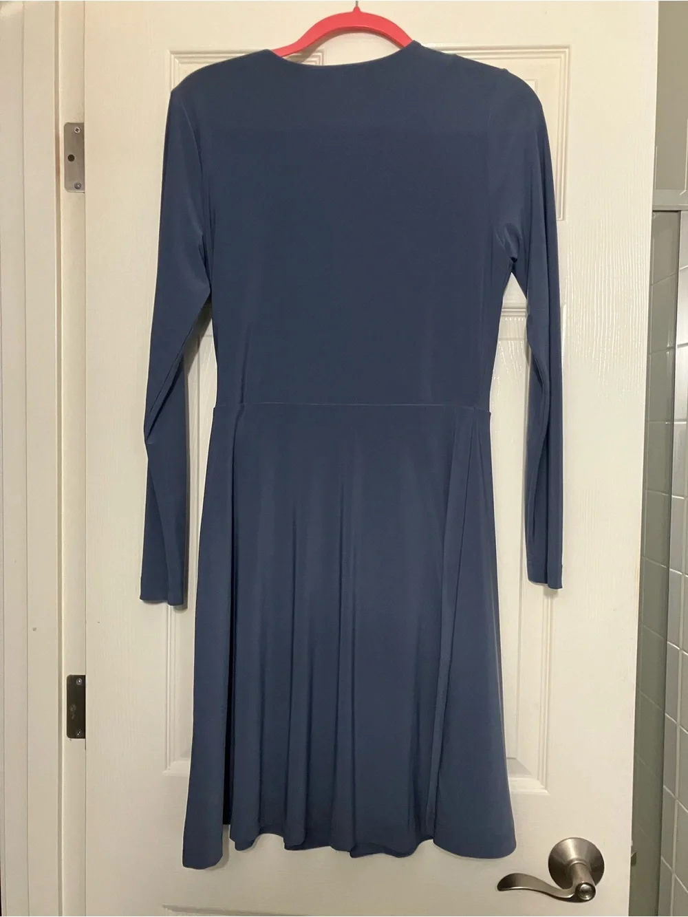 Slate Blue Long-Sleeve Faux-Wrap Dress with Chain Accent - Picture 2 of 3